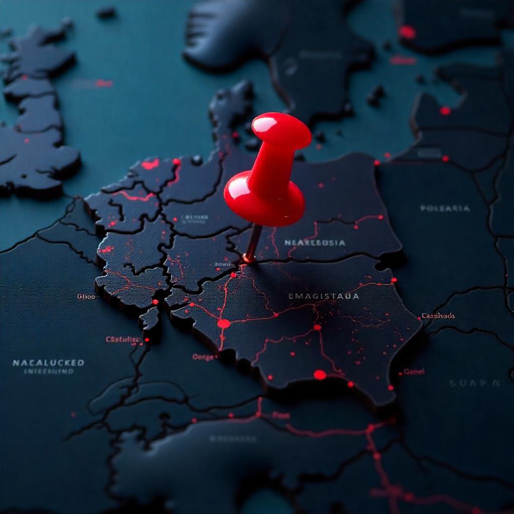 Mapa Europy z wbitym czerwonym znacznikiem lokalizacji – wizualizacja lokalnej widoczności w kontekście pytania czym jest Google Moja Firma.