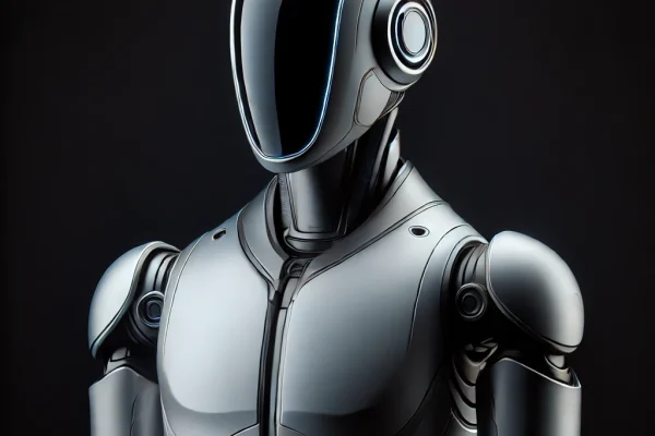 SEO a ChatGPT - robot symbolizujący sztuczną inteligencję na czarnym tle.