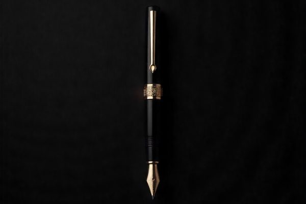 Pełny widok eleganckiego pióra na czarnym tle, symbolizującego tworzenie treści na blog na stronie