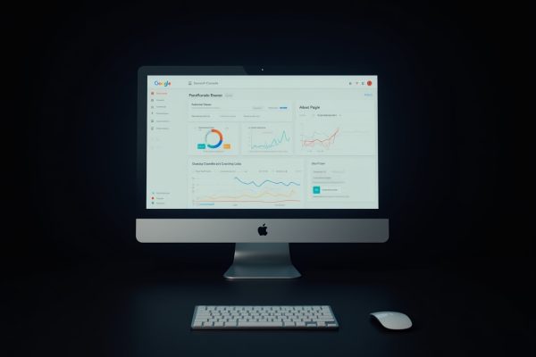 Ekran komputera z otwartym panelem Google Search Console na ciemnym tle – wizualizacja poradnika, jak dodać stronę do Google Search Console.
